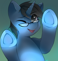 Size: 827x865 | Tagged: safe, artist:loxy, oc, oc only, oc:tinker doo, against glass, glass, glasses, hooves, male, one eye closed, solo, underhoof, wink, ych result