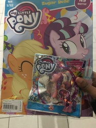 Size: 4032x3024 | Tagged: safe, applejack, starlight glimmer, sugar belle, g4, spoiler:comic, figurine, irl, magazine, photo, swedish