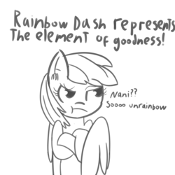 Size: 5000x5000 | Tagged: safe, artist:artiks, rainbow dash, g4, :t, absurd resolution, crossed arms, dialogue, female, monochrome, nani, solo, unrainbow