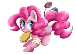 Size: 2121x1500 | Tagged: safe, artist:fluorbaryt, pinkie pie, earth pony, pony, gypsy bard, g4, bandage, female, gypsy pie, mouth hold, musical instrument, simple background, solo, tambourine, transparent background