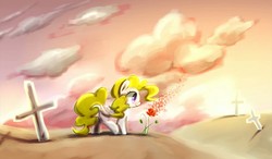 Size: 1854x1080 | Tagged: safe, artist:fluorbaryt, surprise, pegasus, pony, g1, cloud, cross, female, flanders fields, flower, folded wings, graveyard, looking at something, mare, outdoors, petals, poppy, profile, raised leg, smiling, solo, standing, wings, world war i