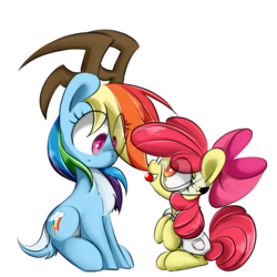 Size: 1800x1800 | Tagged: safe, artist:fluorbaryt, apple bloom, rainbow dash, deer, deer pony, earth pony, original species, pony, reindeer, g4, accessory theft, antlers, clothes, goggles, lab coat, red nose, rudolph dash, safety goggles, simple background, species swap, transparent background