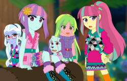 Size: 1802x1151 | Tagged: safe, artist:fantasygerard2000, lemon zest, sour sweet, sugarcoat, sunny flare, oc, oc:percy the robot dog, dog, robot, equestria girls, g4, my little pony equestria girls: legend of everfree, backpack, boots, clothes, crystal prep shadowbolts, freckles, glasses, log, looking at you, off shoulder, pigtails, ponytail, shoes, sitting, skirt, smiling, socks, thigh highs, thigh socks, twintails