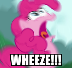 Size: 760x719 | Tagged: safe, edit, edited screencap, screencap, pinkie pie, g4, too many pinkie pies, blurry, excessive exclamation marks, faic, image macro, meme, not salmon, wat, wheeze