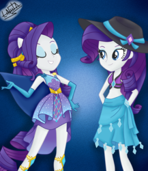 Size: 1300x1500 | Tagged: safe, artist:liniitadash23, rarity, equestria girls, equestria girls series, forgotten friendship, g4, bikini, bikini top, clothes, dress, evening gloves, female, gloves, gradient background, hat, long gloves, ponied up, pony ears, show accurate, smiling, solo, swimsuit