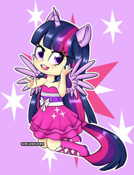 Size: 1024x1331 | Tagged: safe, artist:girlunicorn, twilight sparkle, alicorn, human, g4, chibi, clothes, dress, eared humanization, female, horn, horned humanization, humanized, peace sign, ponied up, pony ears, solo, twilight sparkle (alicorn), winged humanization, wings