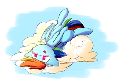 Size: 2837x1951 | Tagged: safe, artist:morningbullet, rainbow dash, pegasus, pony, g4, blushing, cloud, cute, dashabetes, female, hooves, lying down, lying on a cloud, mare, on a cloud, on back, open mouth, solo, upside down, wings