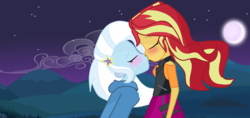 Size: 1994x942 | Tagged: safe, artist:shadowspd, sunset shimmer, trixie, equestria girls, equestria girls specials, g4, my little pony equestria girls: better together, my little pony equestria girls: forgotten friendship, clothes, duo, female, kissing, leather vest, lesbian, moon, night, ship:suntrix, shipping, vest
