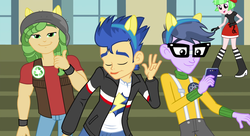 Size: 1485x808 | Tagged: safe, screencap, drama letter, flash sentry, micro chips, sandalwood, watermelody, human, equestria girls, g4, my little pony equestria girls: friendship games, :p, beanie, boots, bracelet, cellphone, closed mouth, clothes, cropped, dancing, derp, end credits, eyes closed, glasses, gloves, hat, jacket, jewelry, looking at something, looking at you, looking down, male, open mouth, phone, posing for photo, right there in front of me, shirt, shoes, skirt, smartphone, smiling, standing, suspenders, thumbs up, tongue out, trio focus, turtleneck, vest, wondercolt ears