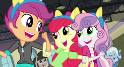 Size: 1485x813 | Tagged: safe, screencap, apple bloom, octavia melody, scootaloo, sweetie belle, trixie, equestria girls, g4, my little pony equestria girls: friendship games, adorabloom, auditorium, canterlot high, clothes, cropped, cute, cutealoo, cutie mark crusaders, diasweetes, end credits, eyes closed, open mouth, party, photo, right there in front of me, wondercolts