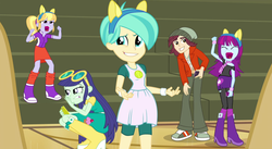Size: 1484x813 | Tagged: safe, screencap, blueberry cake, cloudy kicks, mystery mint, normal norman, tennis match, human, equestria girls, g4, my little pony equestria girls: friendship games, background human, beanie, bleachers, boots, bracelet, canterlot high, cellphone, cheering, clothes, cropped, crouching, dress, end credits, eyes closed, glasses, grin, hat, headband, jacket, jewelry, open mouth, phone, ponytail, right there in front of me, ripped stockings, round glasses, scarf, shirt, shoes, shorts, skirt, smartphone, smiling, socks, standing, stockings, thigh highs, tights, torn clothes, whispering, wondercolt ears, yelling