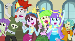 Size: 1488x811 | Tagged: safe, screencap, aqua blossom, brawly beats, cherry crash, crimson napalm, ringo, starlight, velvet sky, equestria girls, g4, my little pony equestria girls: friendship games, background human, cropped, devil horn (gesture), end credits, faic, right there in front of me