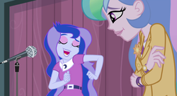 Size: 1485x810 | Tagged: safe, screencap, princess celestia, princess luna, principal celestia, vice principal luna, human, equestria girls, g4, my little pony equestria girls: friendship games, adorkable, clothes, cropped, crossed arms, curtains, cute, cutelestia, dancing, dork, duo, duo female, end credits, eyes closed, eyeshadow, female, jacket, lipstick, lunabetes, makeup, microphone, open mouth, photo, right there in front of me, royal sisters, shirt, siblings, silly, silly human, singing, sisters, smiling, spoiler, stifling laughter, the club can't even handle me right now