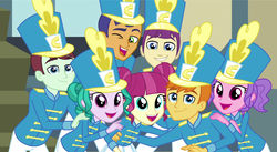 Size: 1484x814 | Tagged: safe, screencap, azura wrap, cranberry mint, golden brass, majorette, melody flight, pumpkin treat, sweeten sour, woody winds, equestria girls, g4, my little pony equestria girls: friendship games, background human, cropped, end credits, hat, right there in front of me, shako, wondercolts