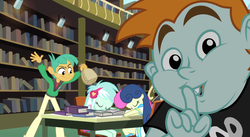 Size: 1484x814 | Tagged: safe, screencap, bon bon, lyra heartstrings, snails, snips, sweetie drops, human, equestria girls, g4, my little pony equestria girls: friendship games, bag, book, bookshelf, cropped, desk, end credits, freckles, group, incoming prank, library, open book, paper bag, prank, quartet, right there in front of me, selfie, shhh, sleeping, table, this will end in pain, this will not end well, two kids gon' die tonight