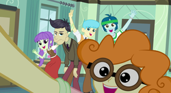 Size: 1482x813 | Tagged: safe, screencap, bright idea, captain planet, cranky doodle donkey, scribble dee, starlight, human, equestria girls, g4, my little pony equestria girls: friendship games, background human, bracelet, clothes, cranky is not amused, cropped, curtains, cute, end credits, female, freckles, glasses, group photo, headband, jewelry, looking at you, male, necklace, necktie, open mouth, pants, peace sign, pigtails, right there in front of me, round glasses, scribblebetes, selfie, shirt, skirt, smiling, standing, unamused, vest, waving, window