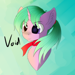 Size: 2500x2500 | Tagged: safe, artist:lunar froxy, oc, oc only, oc:void, pony, unicorn, abstract background, bust, clothes, heterochromia, high res, male, scarf, smiling, solo, stallion