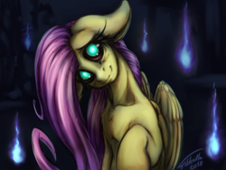 Size: 1593x1200 | Tagged: safe, artist:foldeath, fluttershy, pony, g4, adoracreepy, black sclera, creepy, cute, female, looking at you, mare, solo, spooky