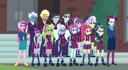 Size: 1486x814 | Tagged: safe, screencap, dean cadance, indigo zap, jet set, lemon zest, neon lights, pokey pierce, princess cadance, principal abacus cinch, rising star, sci-twi, sour sweet, sugarcoat, sunny flare, suri polomare, trenderhoof, twilight sparkle, upper crust, equestria girls, g4, my little pony equestria girls: friendship games, awkward smile, clothes, cropped, crystal prep academy, crystal prep academy students, crystal prep academy uniform, crystal prep shadowbolts, female, group photo, high heels, male, right there in front of me, school uniform, serious, shadow five, skirt, smiling