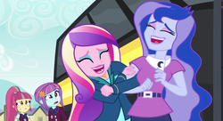 Size: 1485x809 | Tagged: safe, screencap, dean cadance, princess cadance, princess luna, sour sweet, sunny flare, vice principal luna, human, equestria girls, friendship games, g4, bowtie, bus, clothes, confused, cropped, crystal prep academy uniform, cute, end credits, eyes closed, eyeshadow, faic, female, freckles, jacket, laughing, laughingmares.jpg, linked arms, makeup, open mouth, ponytail, right there in front of me, school bus, school uniform, shirt, smiling, woman, wtf face