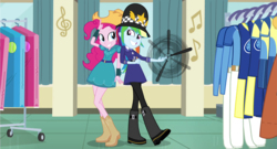 Size: 1493x808 | Tagged: safe, screencap, pinkie pie, rainbow dash, equestria girls, g4, my little pony equestria girls: friendship games, baton, clothes, cropped, female, right there in front of me