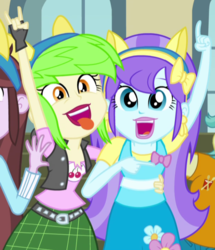 Size: 611x710 | Tagged: safe, screencap, aqua blossom, cherry crash, velvet sky, equestria girls, g4, my little pony equestria girls: friendship games, background human, cropped, shipping fuel, tongue out