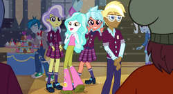 Size: 1486x811 | Tagged: safe, screencap, frosty orange, normal norman, paisley, thunderbass, trenderhoof, trixie, upper crust, human, equestria girls, g4, my little pony equestria girls: friendship games, beanie, boots, bowtie, clothes, cropped, crystal prep academy uniform, cupcake, ear piercing, earring, eyes closed, female, food, glasses, grin, gym, hat, jacket, jewelry, lipstick, looking at you, male, necklace, necktie, open mouth, pants, piercing, plaid skirt, pleated skirt, posing for photo, right there in front of me, ripped pants, school uniform, shoes, skirt, smiling, socks, sweater, table, tank top, thumbs up, torn clothes