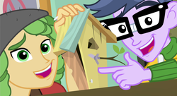 Size: 1487x807 | Tagged: safe, screencap, micro chips, sandalwood, equestria girls, g4, my little pony equestria girls: friendship games, bird house, cropped, right there in front of me