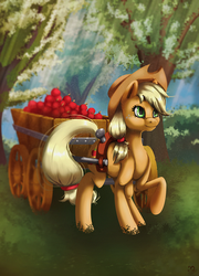 Size: 1000x1387 | Tagged: safe, artist:xaneas, applejack, earth pony, pony, g4, apple, cart, cowboy hat, female, food, freckles, hat, raised hoof, smiling, solo, stetson, tree