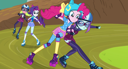 Size: 1488x811 | Tagged: safe, screencap, lemon zest, pinkie pie, rarity, sunny flare, human, equestria girls, g4, my little pony equestria girls: friendship games, :3, bow, clothes, concerned, cropped, elbow pads, end credits, female, fingerless gloves, gloves, hair bow, helmet, knee pads, leggings, looking at each other, looking at someone, ponytail, right there in front of me, roller derby, roller skates, rollerblades, shirt, shorts, skates, skirt, smiling, tank top, visor