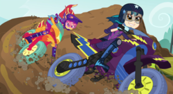 Size: 1482x812 | Tagged: safe, screencap, indigo zap, sunset shimmer, human, equestria girls, g4, my little pony equestria girls: friendship games, boots, clothes, cropped, dirt bike, end credits, female, gloves, grin, helmet, jacket, motocross outfit, motorcross, motorcycle, motorcycle helmet, racing, right there in front of me, shoes, smiling, visor