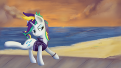 Size: 1920x1080 | Tagged: safe, artist:taggerung, rarity, g4, alternate hairstyle, beach, female, punk, raripunk, sand, short tail, solo, sunset