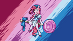 Size: 2560x1440 | Tagged: safe, artist:skrapbox, pinkie pie, earth pony, anthro, unguligrade anthro, g4, candy, clothes, cute, evening gloves, female, food, gloves, hat, lollipop, long gloves, mare, smiling, solo, stockings, thigh highs