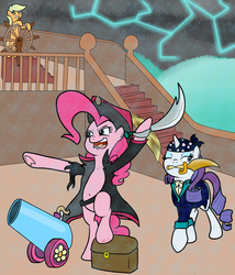 Size: 3000x3500 | Tagged: safe, artist:bennimarru, derpibooru exclusive, applejack, pinkie pie, rarity, g4, bandana, belly button, bipedal, dagger, hat, high res, knife, lidded eyes, lightning, mouth hold, ocean, one eye closed, open mouth, party cannon, pirate, pirate costume, pirate hat, pirate ship, rain, ripped outfit, rolled up sleeves, smiling, squint, sword, treasure chest, weapon