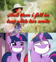 Size: 479x536 | Tagged: safe, edit, edited screencap, screencap, sunset shimmer, twilight sparkle, alicorn, human, pony, equestria girls, equestria girls series, forgotten friendship, g4, my little pony: the movie, basket, comparison, crown, faic, field, flower, flower in hair, hat, irl, jewelry, nervous, photo, regalia, road, smiling, text, twilight sparkle (alicorn)