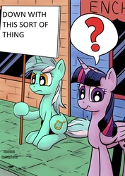 Size: 724x1024 | Tagged: safe, twilight sparkle, alicorn, pony, unicorn, g4, confused, exploitable meme, father ted, female, frown, glare, hoof hold, lyra's sign meme, mare, meme, parody, pictogram, protest, question mark, raised eyebrow, sign, speech bubble, twilight sparkle (alicorn)