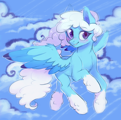 Size: 1928x1912 | Tagged: safe, artist:ls_skylight, oc, oc only, pegasus, pony, blushing, cloud, colored wings, colored wingtips, female, flying, mare, smiling, solo, spread wings, unshorn fetlocks, windswept mane, wings