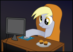 Size: 4656x3294 | Tagged: safe, artist:swivel-zimber, derpy hooves, pegasus, pony, g4, blanket, computer, female, food, high res, muffin, scrunchy face, solo