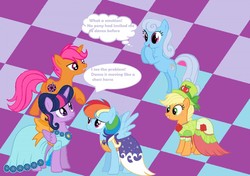 Size: 1280x901 | Tagged: safe, artist:leandrovalhalla, applejack, linky, rainbow dash, shoeshine, twilight sparkle, oc, oc:dance illusions, alicorn, pony, g4, clothes, dress, gala dress, grand galloping gala, twilight sparkle (alicorn)