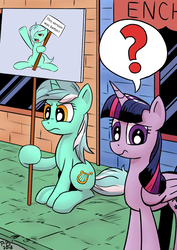 Size: 724x1024 | Tagged: safe, lyra heartstrings, twilight sparkle, alicorn, pony, unicorn, g4, confused, exploitable meme, female, frown, glare, here we go again, history repeats itself, hoof hold, in-universe pegasister, inception, ironic, irony, lyra's sign meme, mare, meme, memeception, meta, opinion, pictogram, protest, question mark, raised eyebrow, sign, speech bubble, this version was better, twilight sparkle (alicorn)