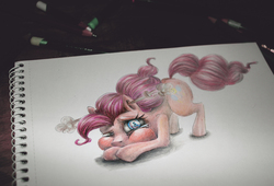 Size: 1389x945 | Tagged: safe, artist:sinsofjoy, pinkie pie, earth pony, pony, g4, the one where pinkie pie knows, female, photo, secret, solo, traditional art