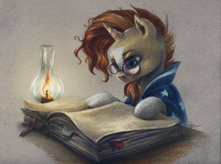 Size: 1268x945 | Tagged: safe, artist:sinsofjoy, sunburst, g4, book, candle, cloak, clothes, glasses, male, reading, solo, traditional art