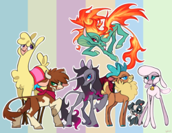 Size: 2174x1688 | Tagged: safe, artist:xenon, arizona (tfh), oleander (tfh), paprika (tfh), pom (tfh), tianhuo (tfh), velvet (tfh), alpaca, classical unicorn, cow, deer, dog, lamb, longma, pony, reindeer, sheep, unicorn, them's fightin' herds, bell, bell collar, cloven hooves, collar, colored hooves, colored pupils, community related, female, fiery wings, fightin' six, group, horn, looking at you, mane of fire, mare, puppy, raised hoof, simple background, smiling, underhoof