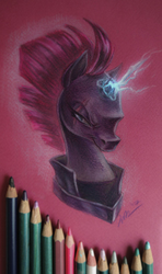 Size: 837x1417 | Tagged: safe, artist:sinsofjoy, tempest shadow, g4, my little pony: the movie, bust, colored pencil drawing, evil, eye scar, female, horn, lightning, pencil, pencil drawing, pink background, portrait, scar, simple background, solo, sparking horn, traditional art