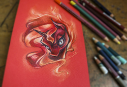 Size: 945x650 | Tagged: safe, artist:sinsofjoy, sunset shimmer, pony, unicorn, g4, black sclera, bust, colored pencil drawing, female, looking at you, mare, pencil, photo, portrait, solo, sunset satan, traditional art