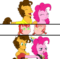 Size: 600x597 | Tagged: safe, artist:gamblingfoxinahat, boneless, boneless 2, cheese sandwich, pinkie pie, oc, oc:topsy, oc:turvy, pony, baby cakes, g4, baby, baby pony, bedtime, comic, dialogue in the comments, female, funny, happy, helmet, male, offspring, parent:cheese sandwich, parent:pinkie pie, parents:cheesepie, plushie, ship:cheesepie, shipping, simple background, straight, teddy bear, this is gonna suck, white background