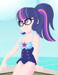 Size: 1326x1696 | Tagged: safe, artist:pastelhorses, sci-twi, twilight sparkle, equestria girls, equestria girls series, forgotten friendship, g4, clothes, cute, female, ocean, solo, swimsuit, twiabetes