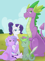 Size: 1280x1720 | Tagged: safe, artist:felicity-star, rarity, spike, oc, oc:amethyst rose, oc:jade fang, dracony, hybrid, g4, adult, adult spike, alternate hairstyle, family, female, fire ruby, interspecies offspring, male, offspring, older, older spike, parent:rarity, parent:spike, parents:sparity, ponytail, ship:sparity, shipping, straight