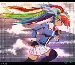 Size: 4000x3500 | Tagged: safe, artist:aloubell, rainbow dash, human, g4, clothes, female, head wings, humanized, moe, pleated skirt, ponytail, running, school uniform, skirt, socks, solo, thigh highs, thighs, wing ears