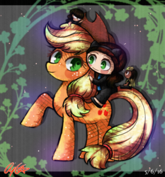 Size: 2800x3000 | Tagged: safe, artist:aloubell, applejack, human, g4, chibi, hat, high res, raised hoof, riding a pony